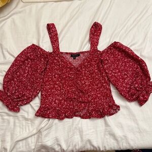 Topshop Red and White Floral Cold Shoulder Top